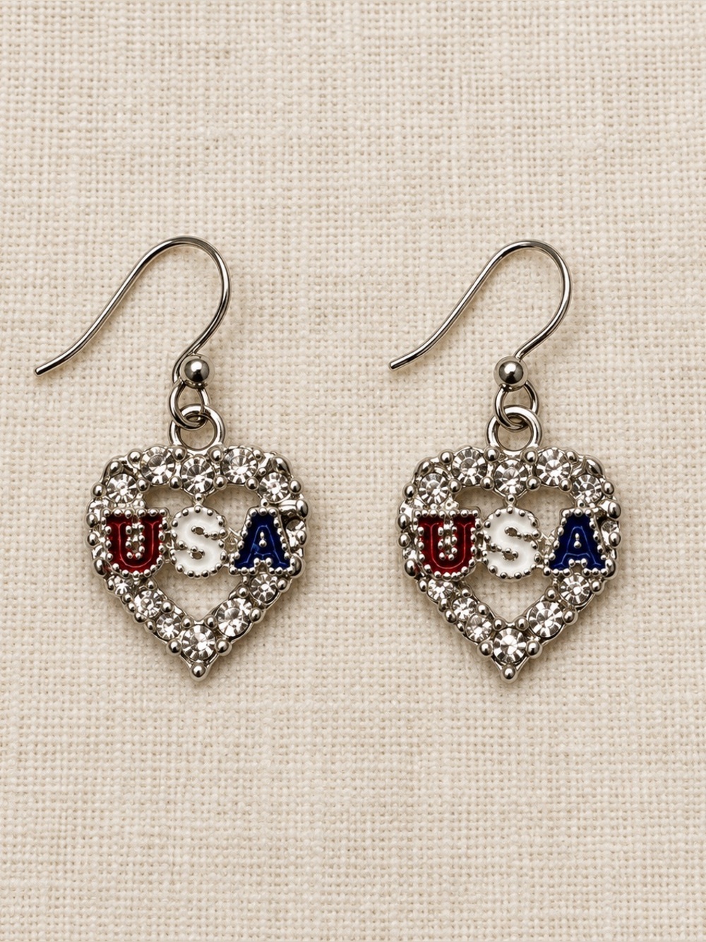 Patriotic USA Rhinestone Heart Dangle Earrings Red White Blue Silver Tone New - Picture 2 of 4
